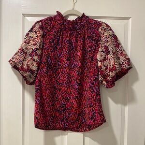 Floral Puff Sleeve Blouse in Red and Pink